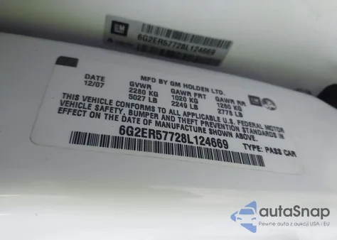 2008 Pontiac G8 z USA, uszkodzony, nr VIN 6G2ER57728L124669